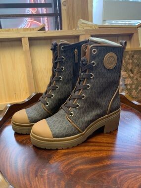 Michael Kors Brown and Tan Logo Lace-Up Combat Boots